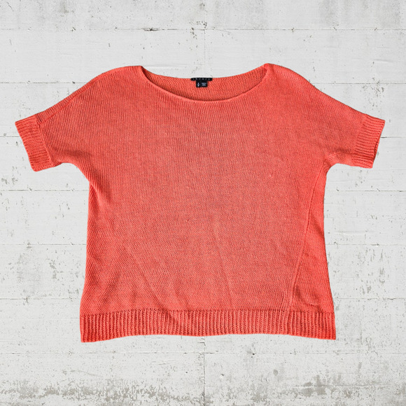 Theory Coral Orange Linen Short Sleeve Boat Neck Open Knit Blouse Size Small - Picture 1 of 6